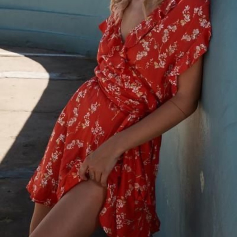 MLM Label Indra Wrap Ruffle Mini Dress Red Floral Small